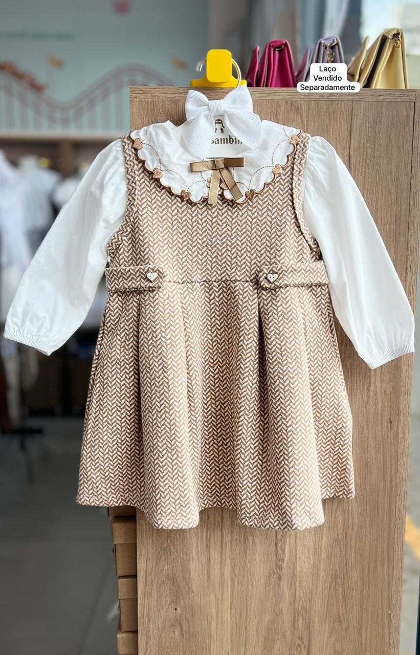 CONJUNTO VESTIDO REGATA PLISSADO E BLUSA MANGA LONGA GOLA CORAÇÃO MENINA MILON - BEGE ESCURO/BRANCO