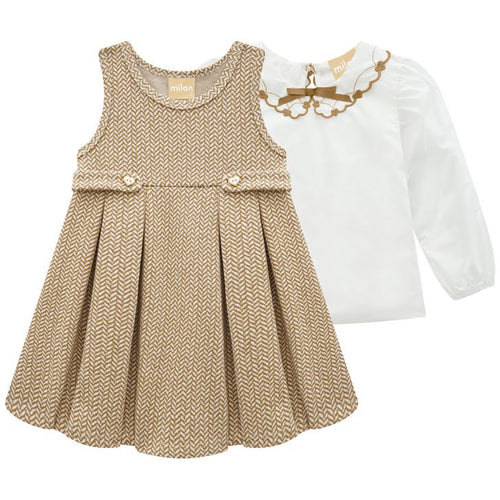 CONJUNTO VESTIDO REGATA PLISSADO E BLUSA MANGA LONGA GOLA CORAÇÃO MENINA MILON - BEGE ESCURO/BRANCO