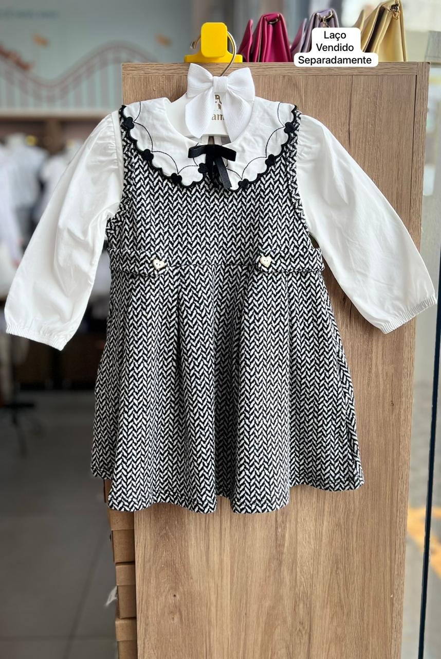 CONJUNTO VESTIDO REGATA PLISSADO E BLUSA MANGA LONGA GOLA CORAÇÃO MENINA MILON - PRETO/BRANCO