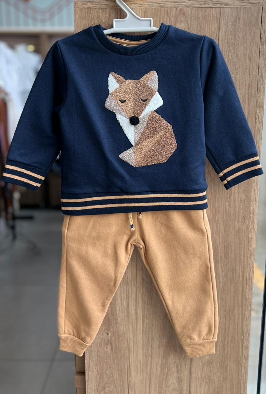 CONJUNTO MOLETOM BLUSÃO MANGA LONGA RAPOSA RELEVO PELUCIADO MOLETOM E CALÇA MENINO MILON - MARINHO/BEGE