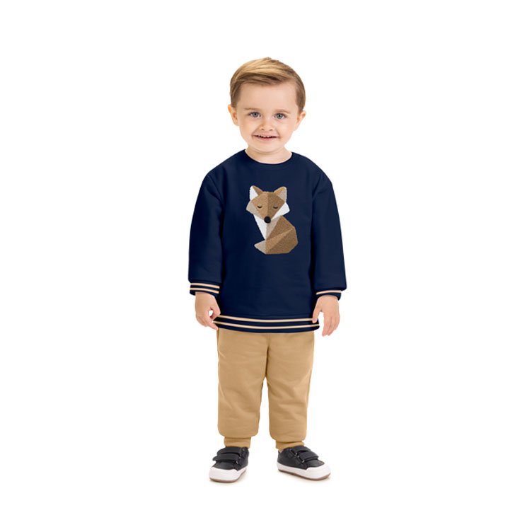 CONJUNTO MOLETOM BLUSÃO MANGA LONGA RAPOSA RELEVO PELUCIADO MOLETOM E CALÇA MENINO MILON - MARINHO/BEGE