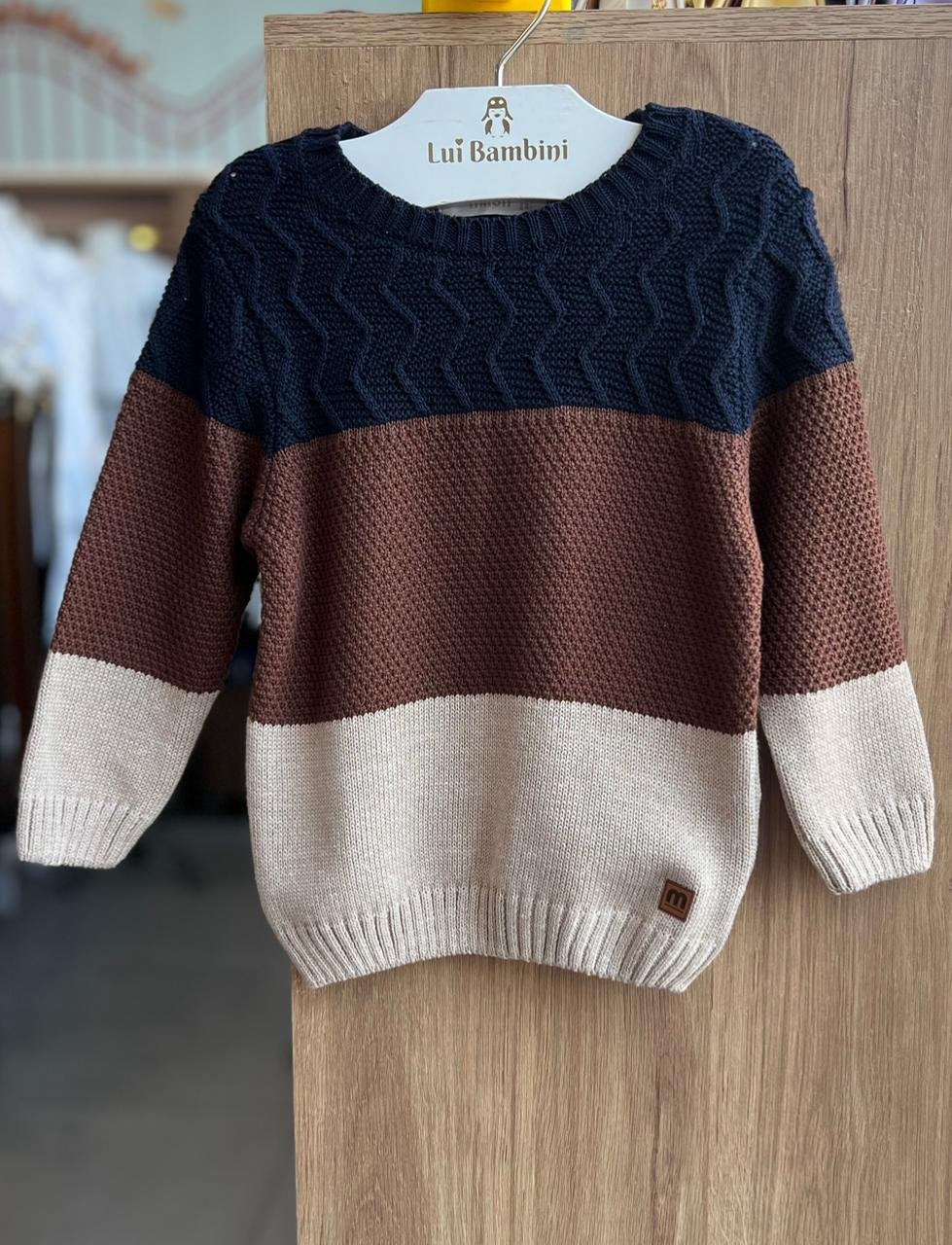 CASACO MANGA LONGA TRICO TRICOT LISTRAS MOLETOM MENINO MILON - MARROM/MARINHO