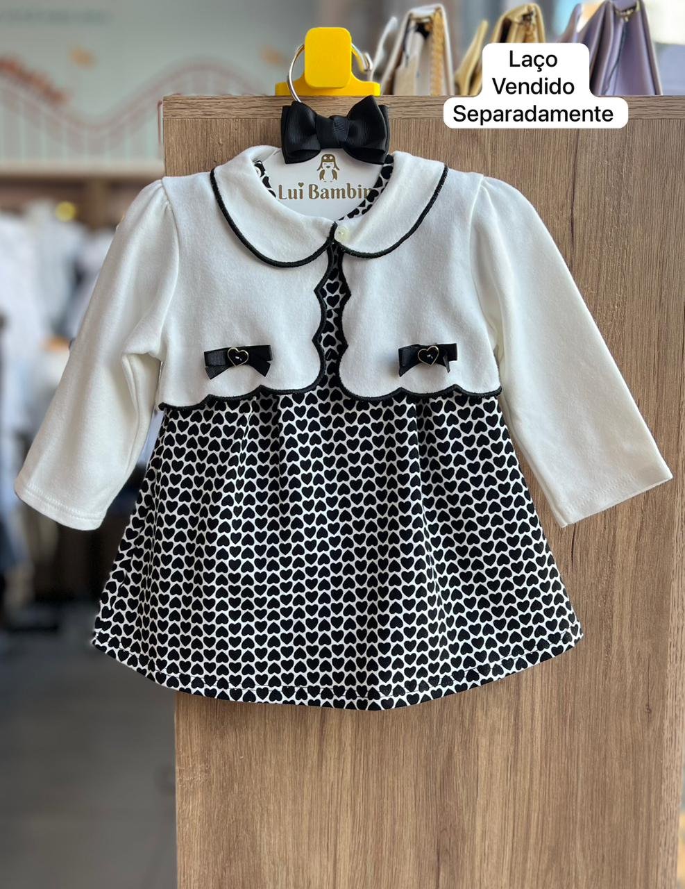 CONJUNTO VESTIDO BODY MANGA CURTA CORAÇÕES BABADO E BOLERO MANGA LONGA MENINA MILON - OFF/PRETO