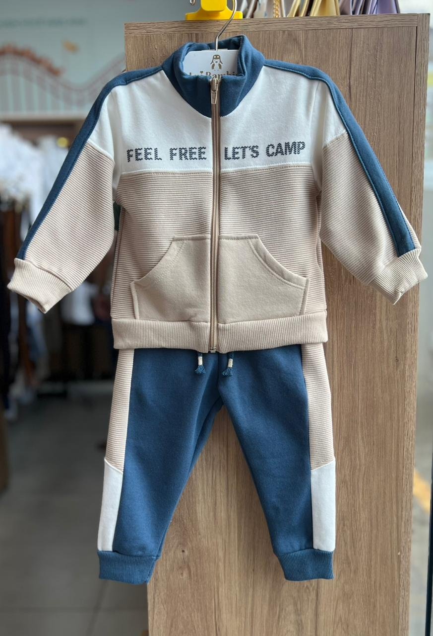 CONJUNTO JAQUETA MANGA LONGA ZÍPER FEEL FREE LET'S CAMP MOLETOM E CALÇA MENINO MILON - BEGE/AZUL