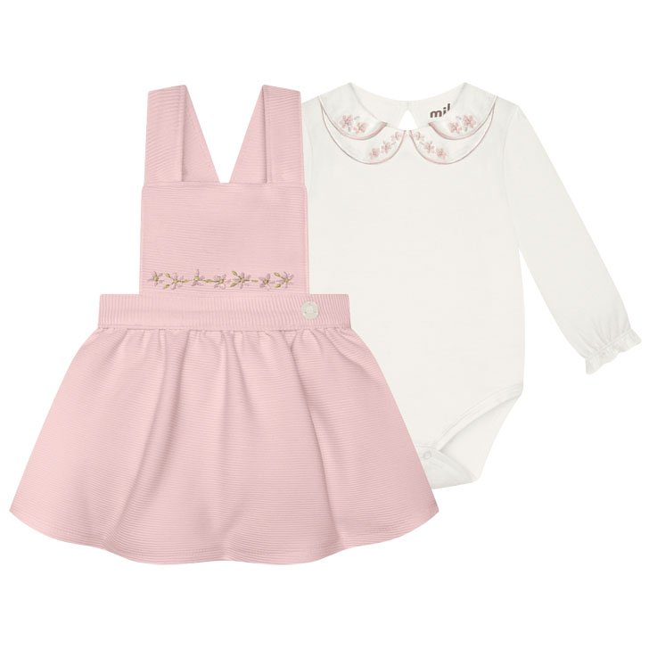 CONJUNTO BODY MANGA LONGA BORDADO FLOR E SALOPETE ALÇA MENINA MILON - ROSA CLARO