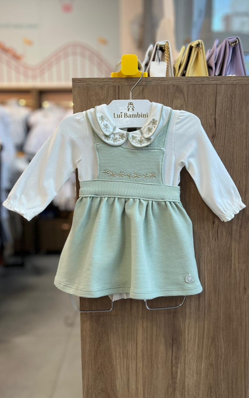 CONJUNTO BODY MANGA LONGA BORDADO FLOR E SALOPETE ALÇA MENINA MILON - VERDE CLARO