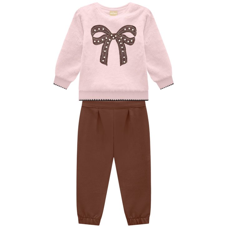 CONJUNTO BLUSÃO MANGA LONGA PELINHOS LAÇO PÉROLAS E CALÇA MENINA MILON - ROSA/MARROM
