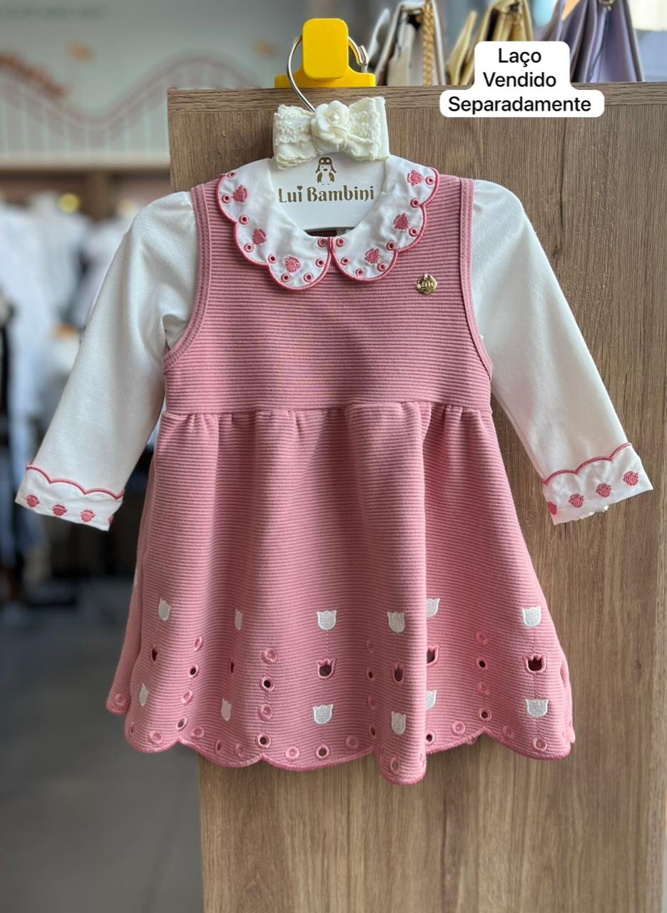 CONJUNTO VESTIDO REGATA VASADO E BLUSA MANGA LONGA FLOR BORDADO GOLA MENINA MILON - ROSA