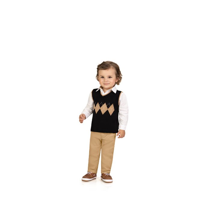 CONJUNTO CAMISA MANGA LONGA BOTÕES COLETE TRICOT TRICO E CALÇA SARJA MENINO MILON - OFF/BEGE
