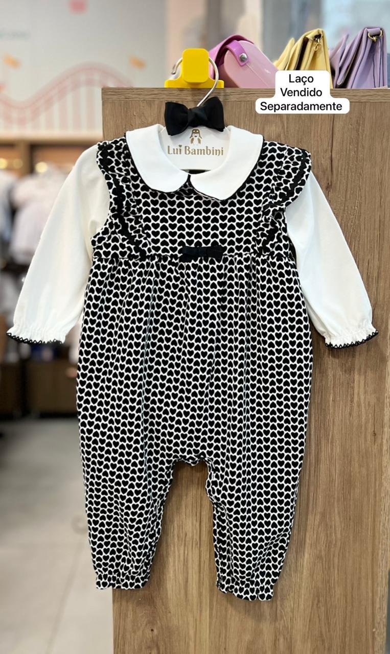 CONJUNTO MACACÃO REGATA BABADO CORAÇÕES LAÇO E BODY MANGA LONGA MENINA MILON - OFF/PRETO