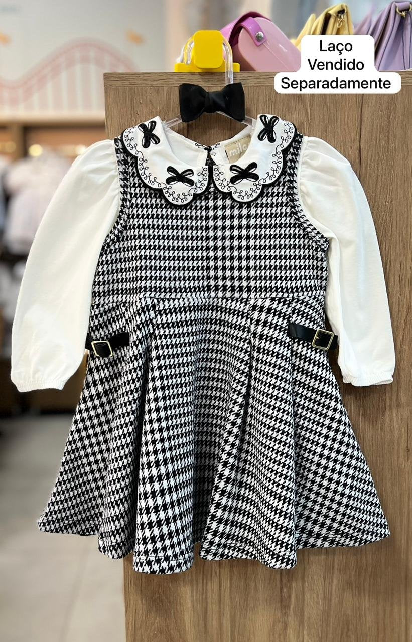 CONJUNTO VESTIDO REGATA PIED DE POULE E BLUSA MANGA LONGA BORDADO LAÇO MENINA MILON - OFF/PRETO