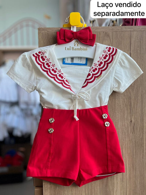 CONJUNTO BLUSA MANGA CURTA BABADO CEREJAS E SHORT MENINA FAKINI - OFF/VERMELHO