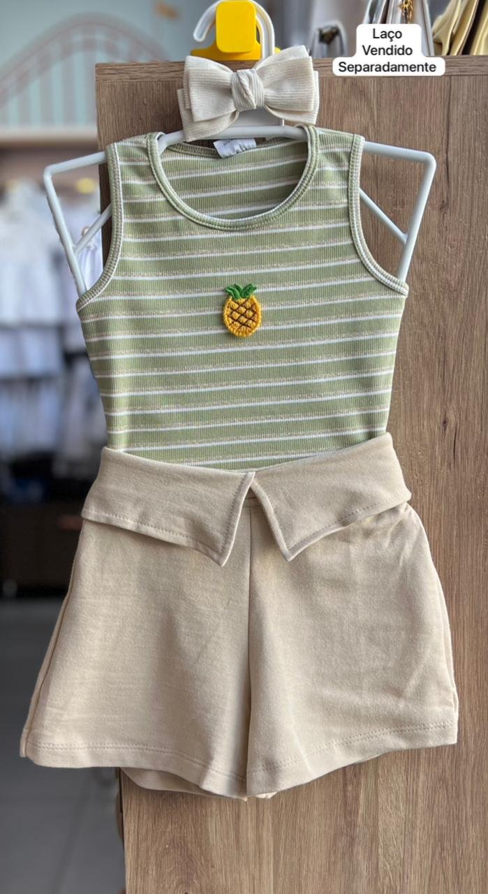 CONJUNTO BLUSA REGATA LISTRADO E SHORT MENINA FAKINI - VERDE/BEGE