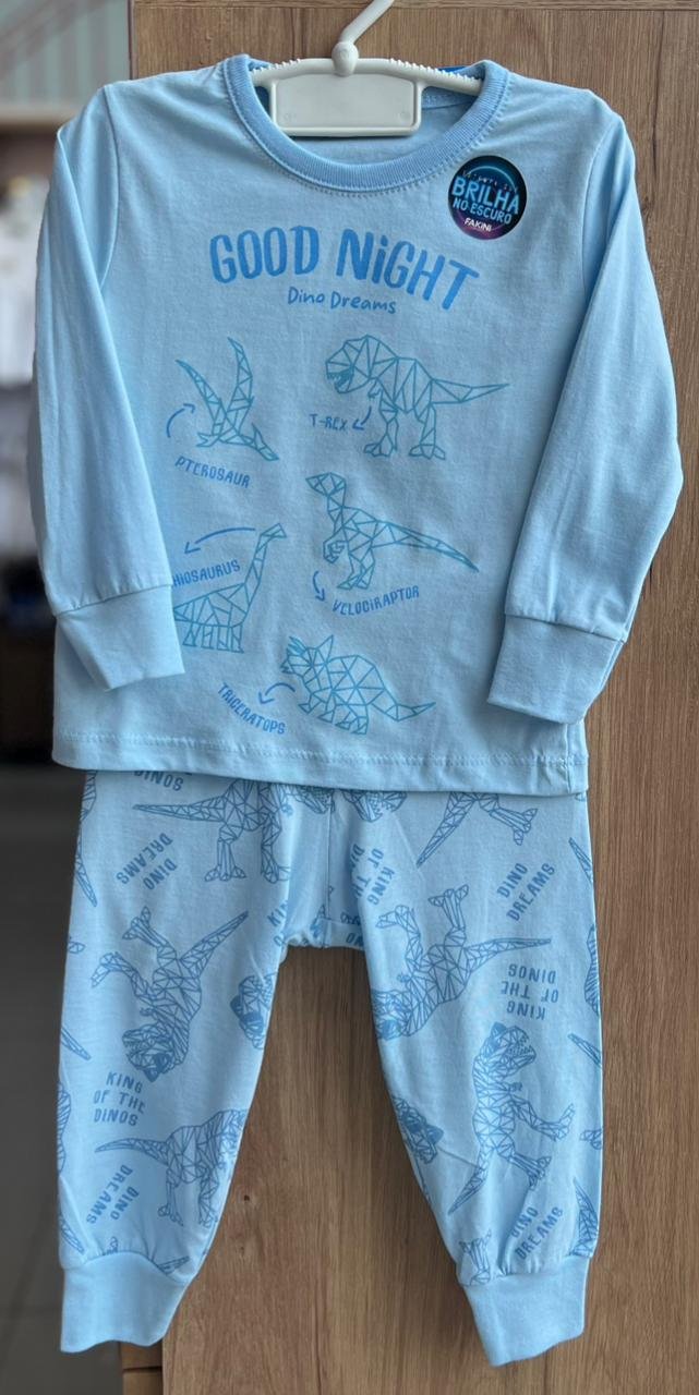 CONJUNTO PIJAMA MANGA LONGA GOOD NIGHT DINO DINOSSAURO E CALÇA MENINO FAKINI - AZUL CLARO