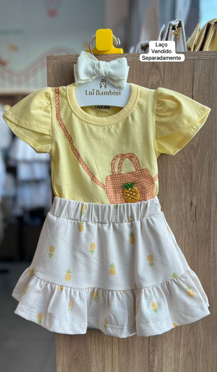 CONJUNTO BLUSA MANGA LONGA CESTA CEREJA TRICO E SAIA MENINA FAKINI - AMARELO/BEGE