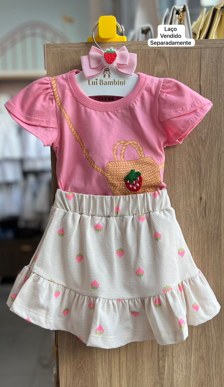 CONJUNTO BLUSA MANGA LONGA CESTA CEREJA TRICO E SAIA MENINA FAKINI - ROSA/BEGE