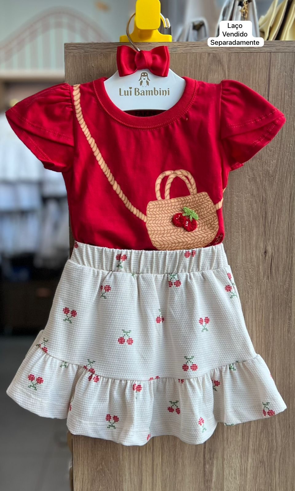 CONJUNTO BLUSA MANGA LONGA CESTA CEREJA TRICO E SAIA MENINA FAKINI - VERMELHO/BEGE