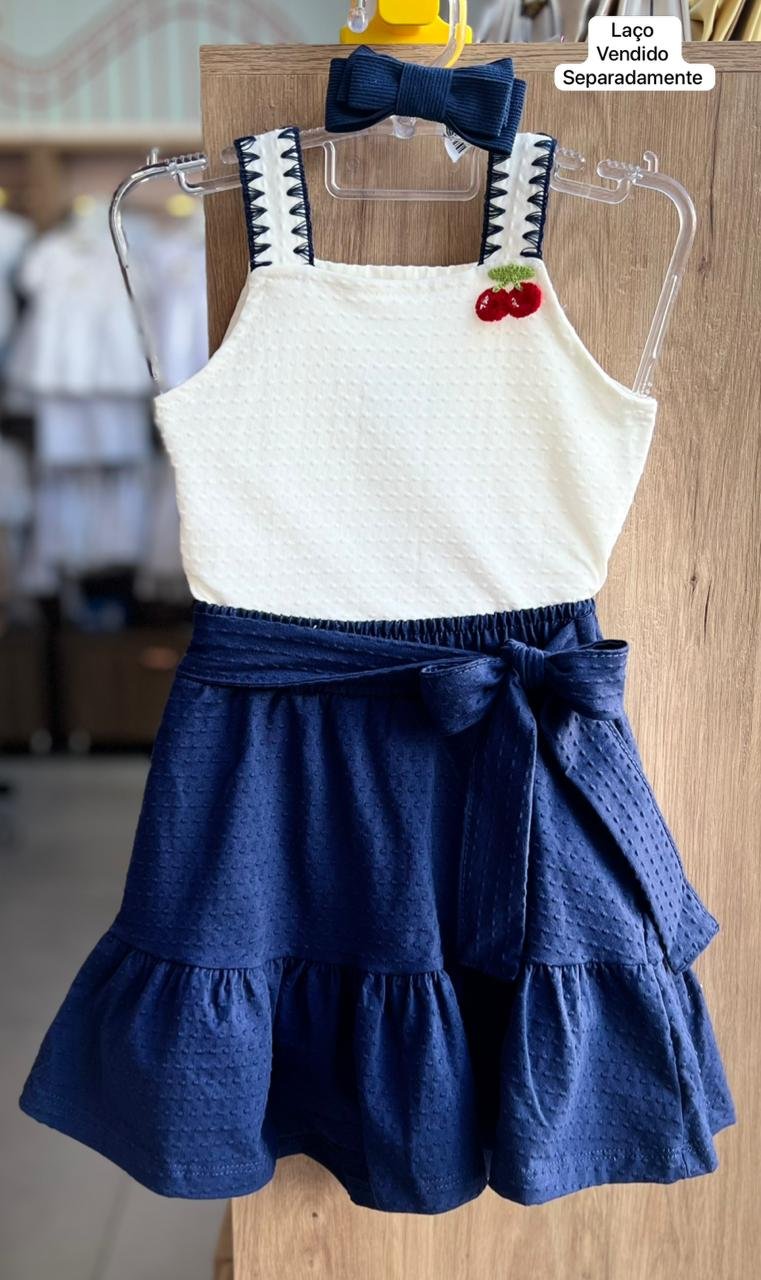 CONJUNTO BLUSA ALÇA BORDADO PIPOQUINHA CEREJA TRICO E SAIA MENINA FAKINI - OFF/MARINHO