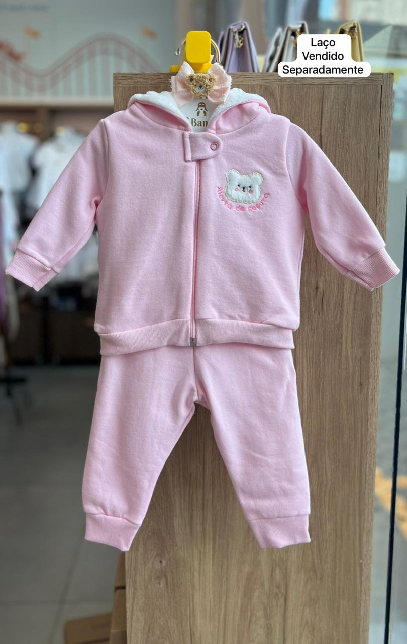 CONJUNTO JAQUETA MANGA LONGA ZÍPER URSO PELOS E CALÇA MOLETOM MENINA FAKINI - ROSA CLARO