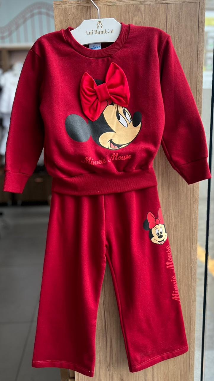 CONJUNTO BLUSÃO MANGA LONGA MINNIE MOUSE LAÇO E CALÇA MOLETOM MENINA FAKINI - VERMELHO
