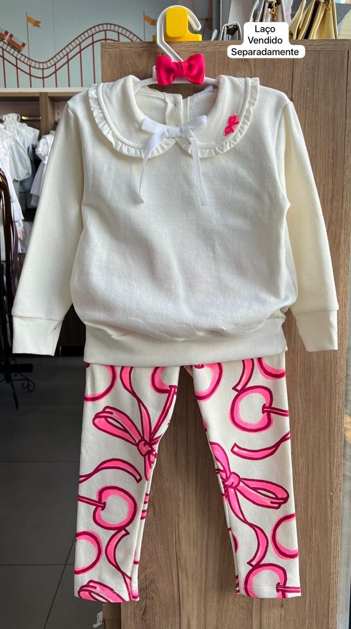CONJUNTO BLUSÃO MANGA LONGA BABADO LAÇO E CALÇA MOLETOM MENINA FAKINI - OFF