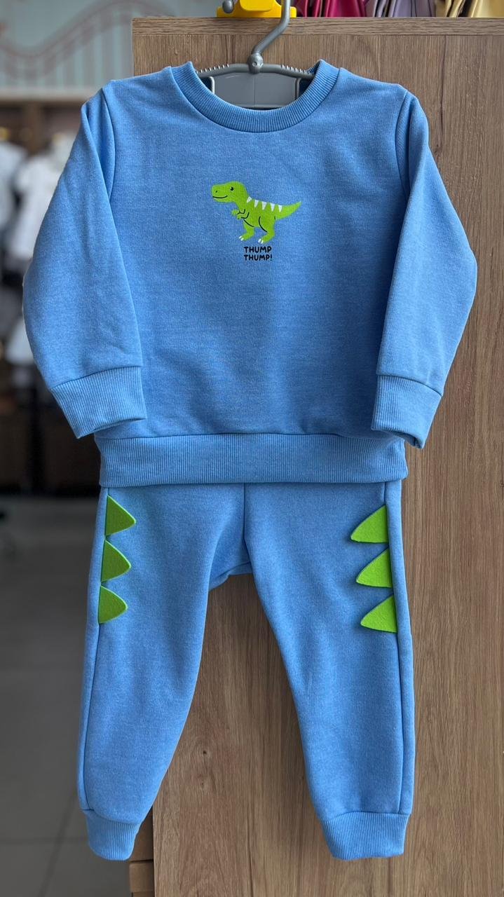 CONJUNTO BLUSÃO MANGA LONGA DINO DINOSSAURO E CALÇA MOLETOM MENINO FAKINI - AZUL