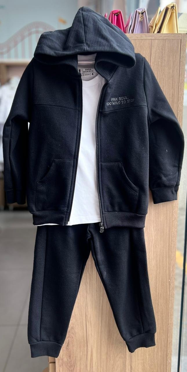 CONJUNTO JAQUETA MANGA LONGA FREE SOUL ZÍPER MOLETOM E CALÇA MENINO FAKINI - PRETO