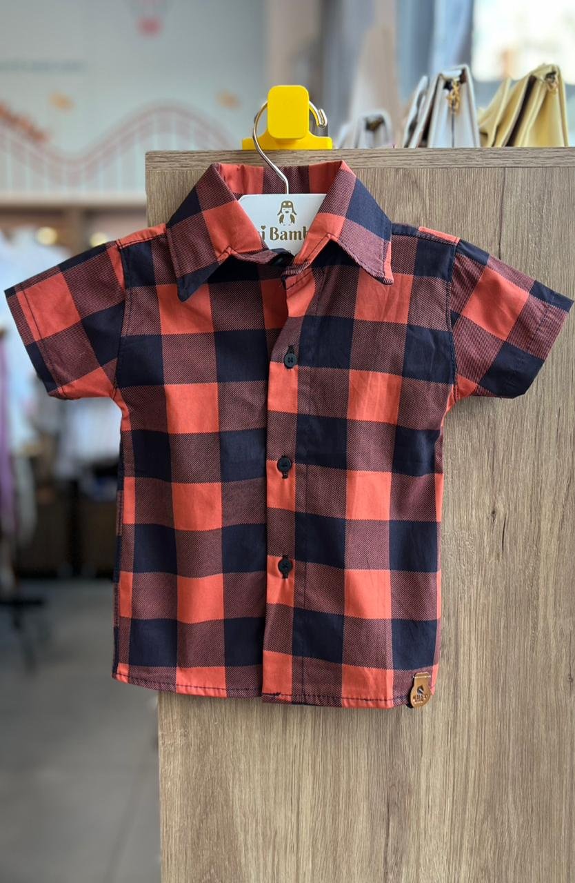 CAMISA MANGA CURTA XADREZ FESTA JUNINA MENINO LUI BAMBINI - LARANJA/AZUL