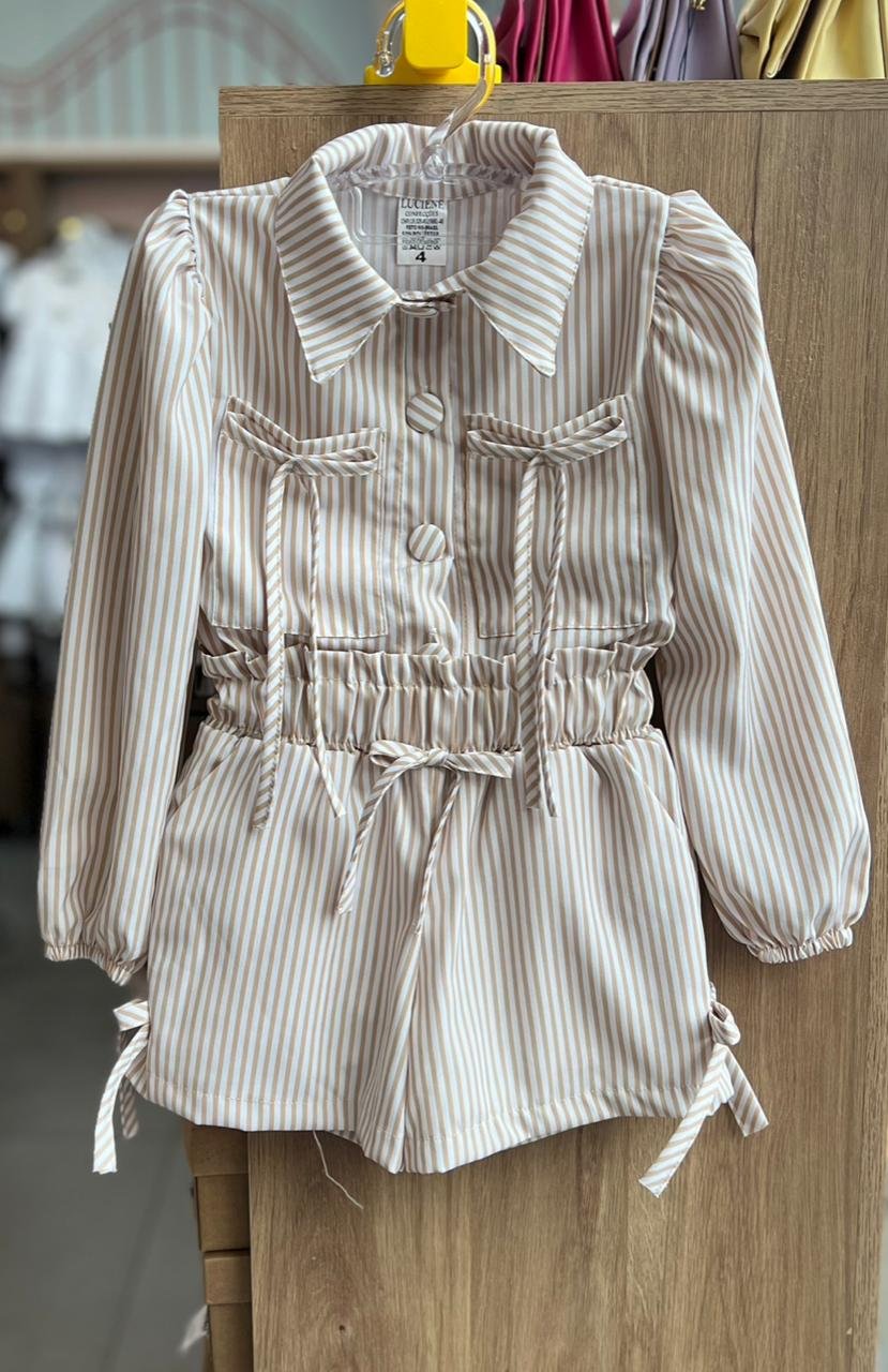 CONJUNTO CAMISA MANGA LONGA LISTRADA E SAIA MENINA LUI BAMBINI - BEGE