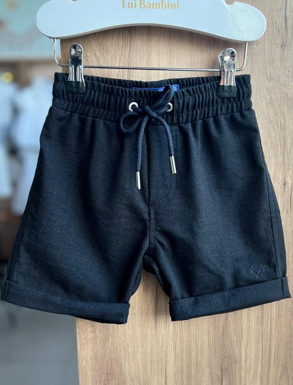 BERMUDA LINHO ELÁSTICO CÓS CORDÃO BOLSO MENINO RICHES - PRETO