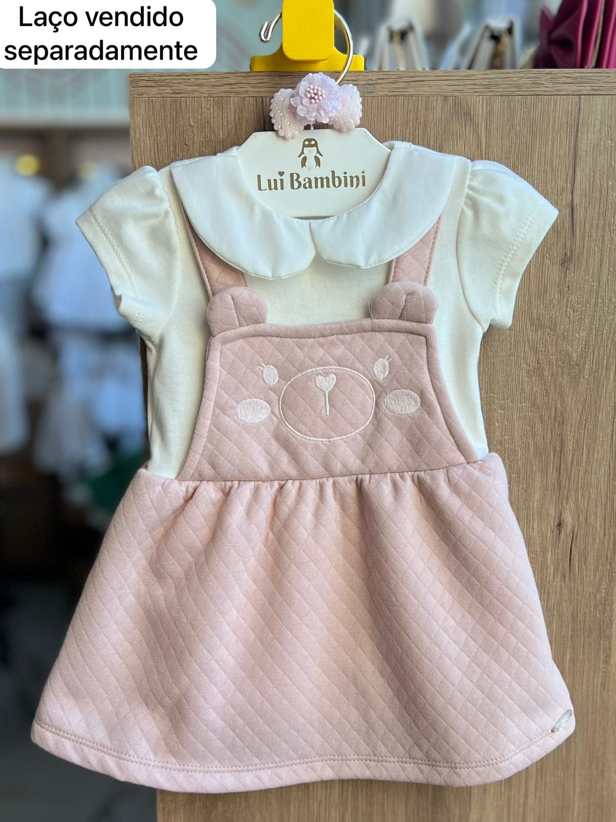 VESTIDO MANGA CURTA ALÇA URSO BORDADO BODY MENINA MOMI - OFF/ROSA