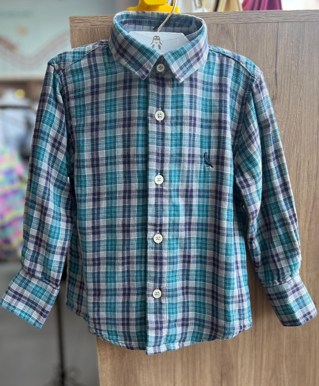 CAMISA MANGA LONGA XADREZ FESTA JUNINA BORDADO PICA PAU MINIMALISTA MENINO RESERVA MINI - CINZA/AZUL