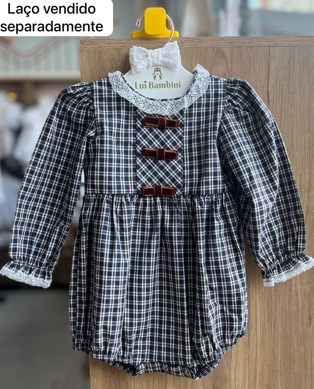 ROMPER MANGA LONGA XADREZ BABADO RENDA LAÇOS MENINA BARBARA KIDS - MARINHO