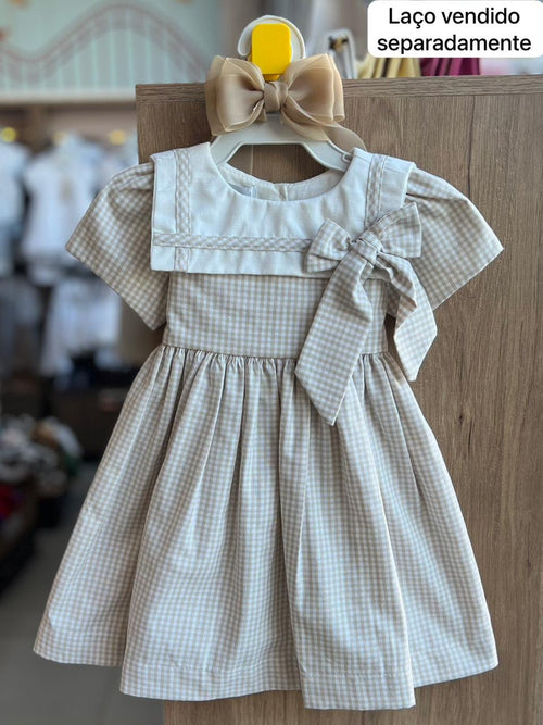 VESTIDO MANGA CURTA GOLA QUADRADA LAÇO XADREZ MENINA BARBARA KIDS - BEGE