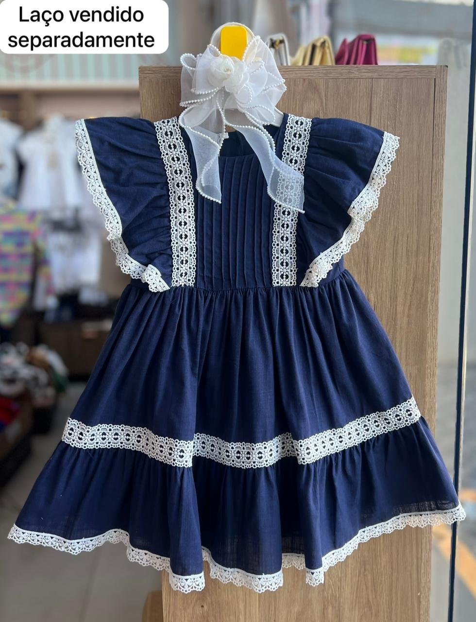 VESTIDO MANGA CURTA BABADO NERVURAS RENDA BABADO MENINA BARBARA KIDS - MARINHO