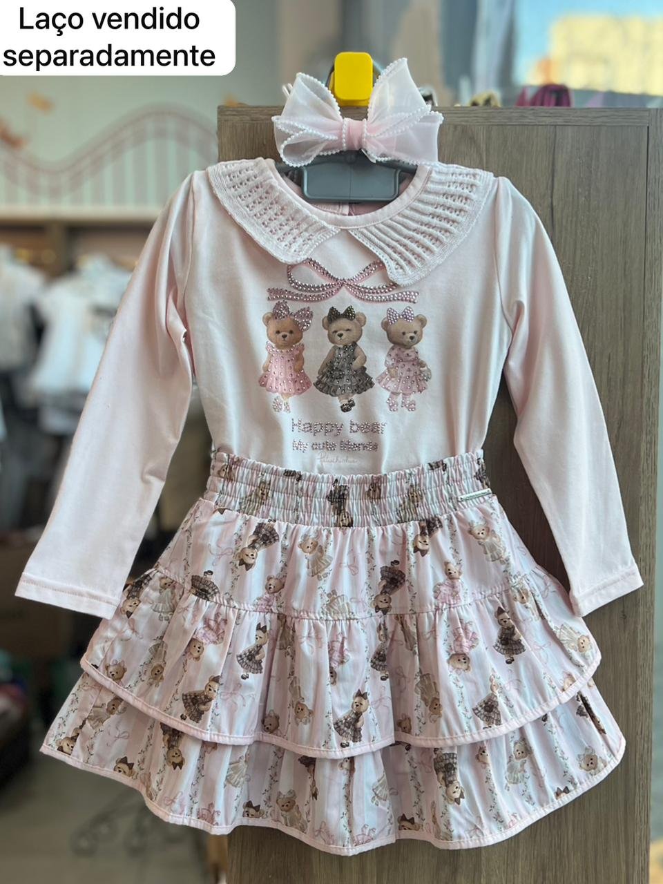 CONJUNTO BLUSA MANGA LONGA URSINHAS HAPPY GOLA TRICOT TRICO STRASS E SHORT SAIA MENINA PITUCHINHUS - ROSA