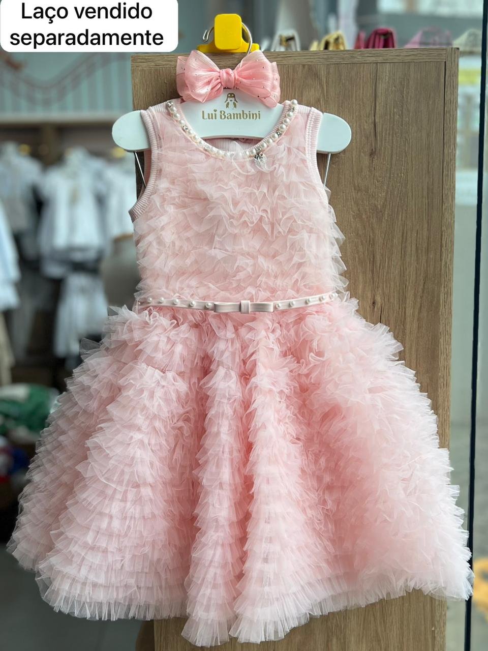 VESTIDO REGATA CONCEITO FRU FRU TULE COM CINTO PÉROLAS MENINA PITUCHINHUS - ROSA