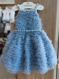 VESTIDO ALÇA BABADINHOS TULE BORDADO PÉROLAS PEDRAS CINTO MENINA PITUCHINHUS - AZUL