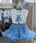 CONJUNTO BLUSA MANGA CURTA LOVE STRASS E SHORT SAIA TULE MENINA PITUCHINHUS - OFF/AZUL