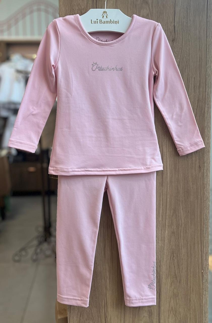 CONJUNTO BLUSA MANGA LONGA STRASS NOMECLATURA E CALÇA LEGGING MENINA PITUCHINHUS - ROSA