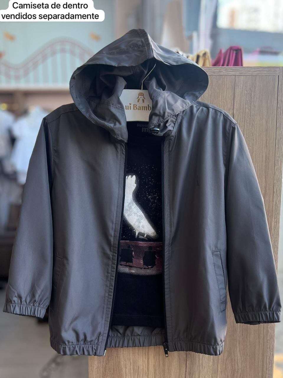 JAQUETA MANGA LONGA CORTA VENTO CAPUZ ZÍPER WINDBREAKER MINIMALISTA PICA PAU MENINO RESERVA MINI - CINZA ESCURO