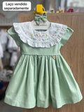 VESTIDO MANGA CURTA GOLA PALA LINHO BORDADO TRICO FLORES MENINA LUI BAMBNI - VERDE