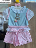 CONJUNTO BLUSA MANGA CURTA URSO STRASS PULLOVER FAKE TRICO COLETE E SHORT MENINA GABRIELA AQUARELA - AZUL/ROSA