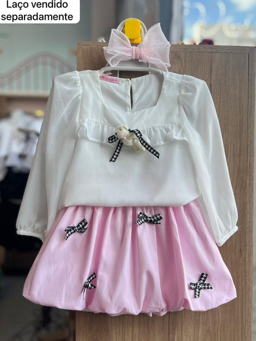 CONJUNTO BLUSA MANGA LONGA URSO LAÇO PIED DE POULE BABADO E SAIA BALONÊ MENINA GABRIELA AQUARELA - OFF/ROSA