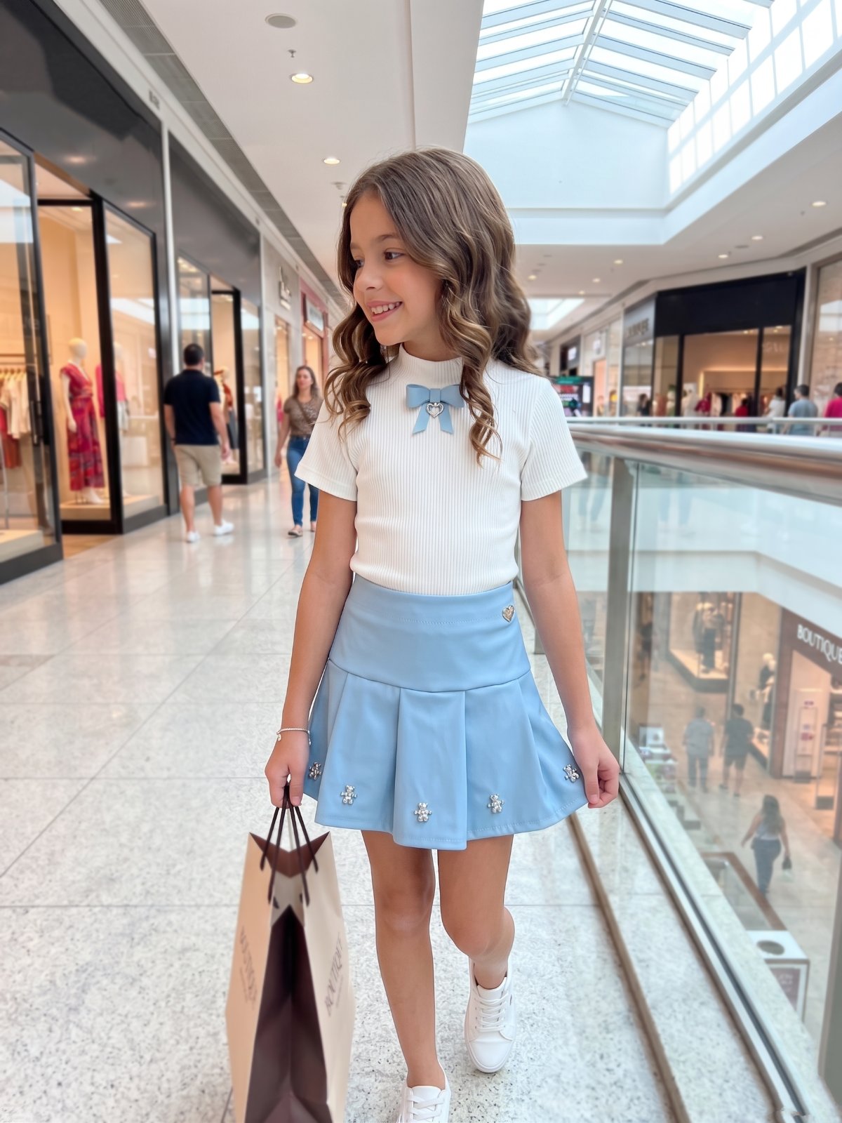 CONJUNTO BLUSA MANGA CURTA CANELADO LAÇO PINGENTE MINIMALISTA GA E SAIA COURINO MENINA GABRIELA AQUARELA - OFF/AZUL