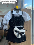 CONJUNTO CAMISA MANGA CURTA BUFANTE BOTÕES CROPPED ALÇA TULE FLORES E SHORT SAIA MENINA GABRIELA AQUARELA - OFF/PRETO