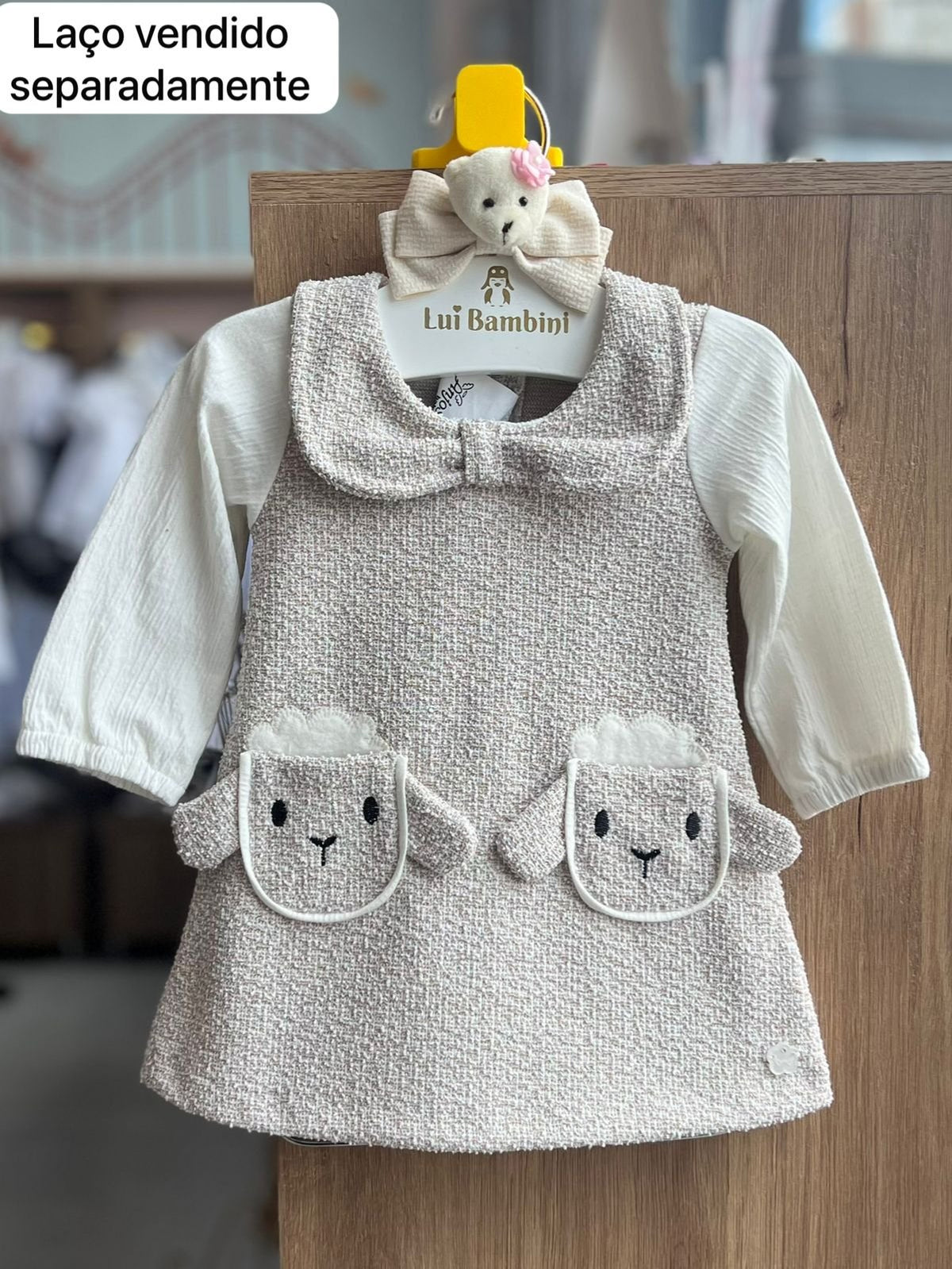 VESTIDO MANGA LONGA OVELHA TWEED GOLA LAÇO MENINA ANJOS BABY - BEGE/OFF