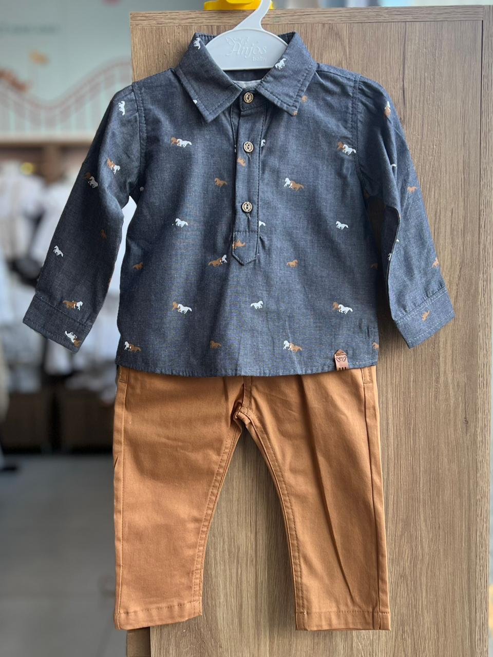 CONJUNTO CAMISA MANGA LONGA BATA CAVALO E CALÇA SARJA MENINO ANJOS BABY - CINZA ESCURO