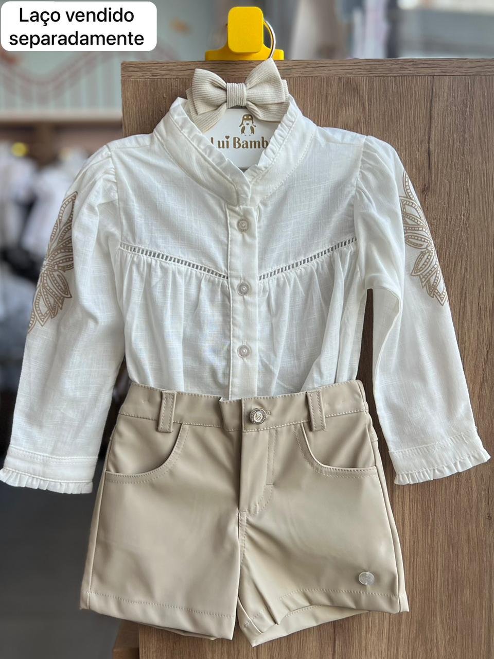 CONJUNTO CAMISA MANGA LONGA CAMISETE E SHORT COURINO MENINA ANJOS BABY - OFF/BEGE
