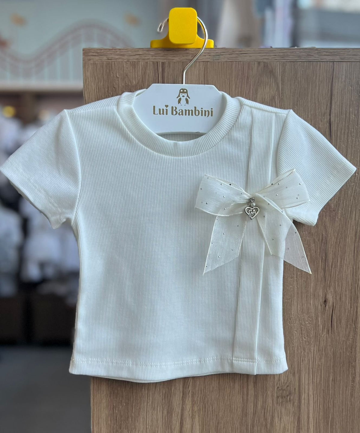 BLUSA MANGA CURTA CANELADA LAÇO PINGENTE STRASS MENINA GABRIELA AQUARELA - OFF